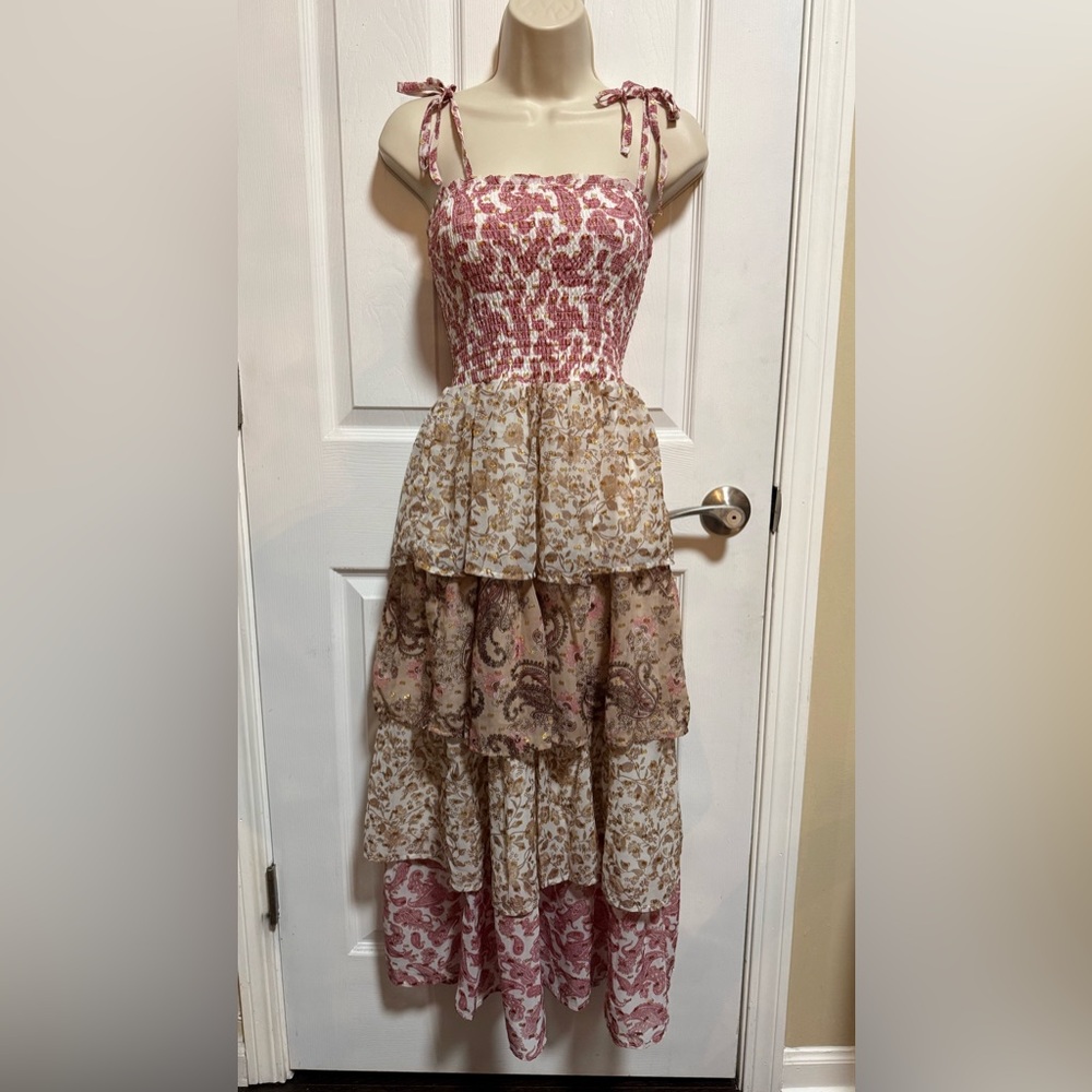 Francesca's Collections Pink and Cream Tiered Maxi Dress